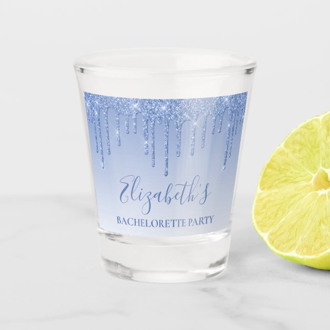 Modern Dusty Blue Glitter Bachelorette Party  Shot Glass (Front)