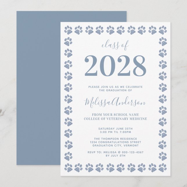 Modern Dusty Blue Glitter Paw Prints Graduation Invitation (Front/Back)