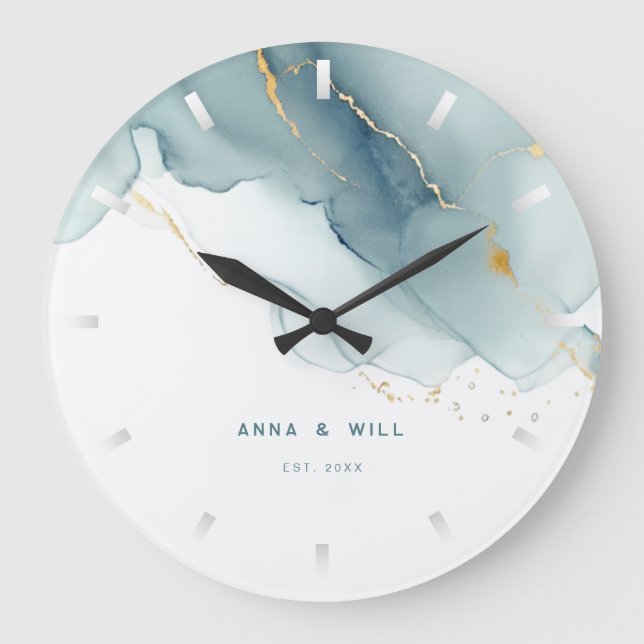 Modern Dusty Blue Gold Beach Wedding Anniversary Large Clock (Front)