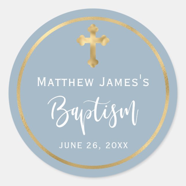 Modern Dusty Blue Gold Cross Boy Baptism  Classic Round Sticker (Front)
