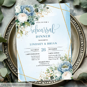 Modern Dusty Blue Gold Frame Rehearsal Invitation
