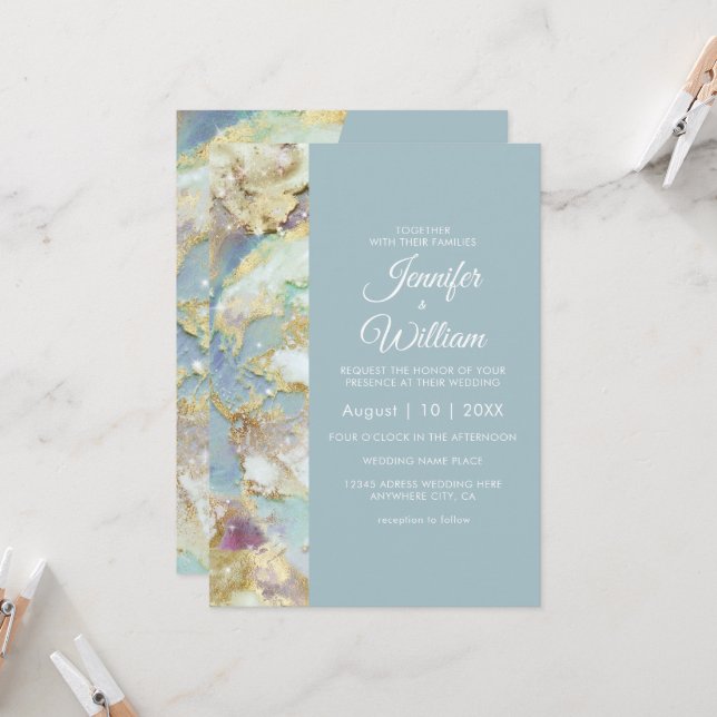 Modern Dusty Blue Gold Marble Elegant Chic Wedding Invitation (Front/Back In Situ)