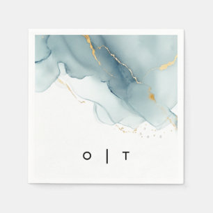 Modern Dusty Blue Gold Monograms Beach Wedding Napkin