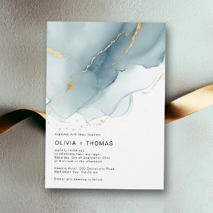 Modern Dusty Blue Gold Ocean Waves Beach Wedding Invitation