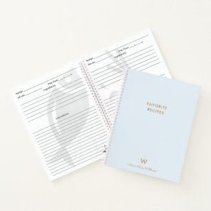 Modern Dusty Blue Gold Script Monogram Recipe Notebook