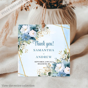 Modern Dusty Blue Greenery Gold Wedding Favor Tag