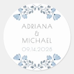 Modern Dusty Blue Grey Floral Wedding  Classic Round Sticker