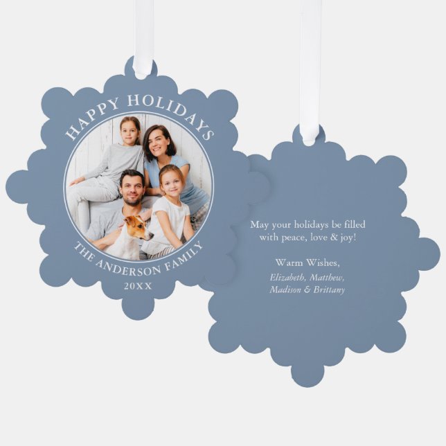 Modern Dusty Blue Happy Holidays Photo Ornament Card (Front/Back)