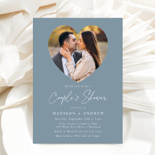 Modern Dusty Blue Heart Photo Couple's Shower Invitation
