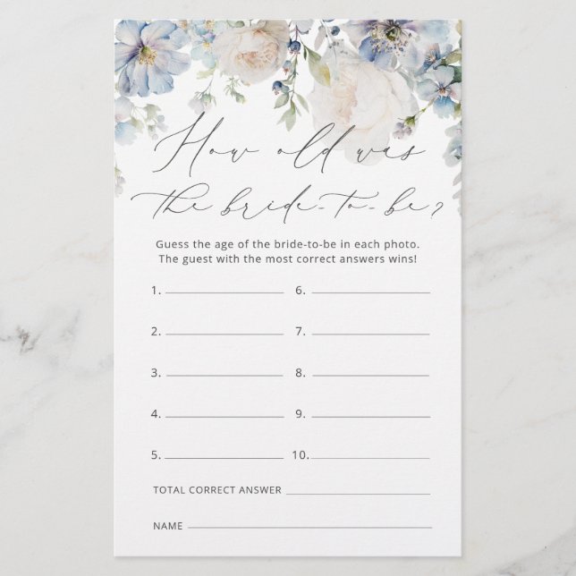 Modern Dusty Blue How Old Was the Bride to Be Game (Front)