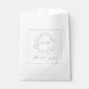 Modern Dusty Blue Leafy Crest Monogram Wedding Favour Bag
