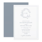 Modern Dusty Blue Leafy Crest Monogram Wedding Inv