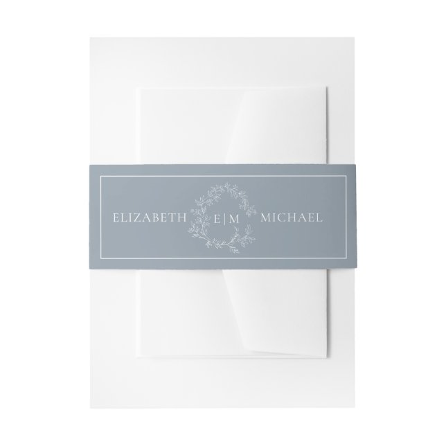 Modern Dusty Blue Leafy Crest Monogram Wedding Invitation Belly Band (Front Example)