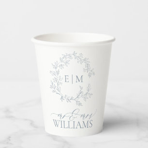 Modern Dusty Blue Leafy Crest Monogram Wedding Paper Cups