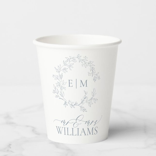 Modern Dusty Blue Leafy Crest Monogram Wedding Paper Cups (Front)