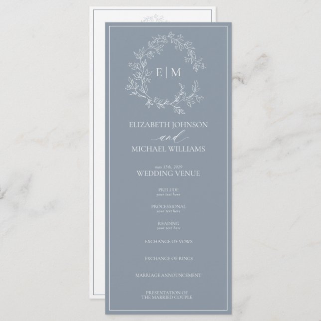 Modern Dusty Blue Leafy Crest Monogram Wedding Program (Front/Back)