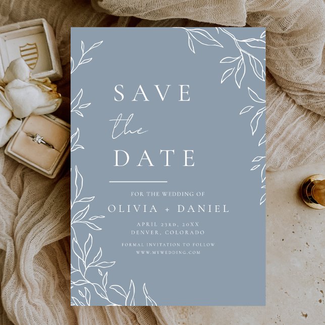 Modern Dusty Blue Minimal Leafy Wedding Save The Date (Creator Uploaded)