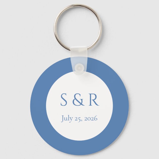 Modern Dusty Blue Minimal Monogram Wedding Favour  Keychain (Front)