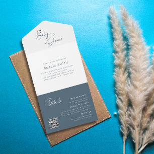 Modern Dusty Blue Minimalist Handwritten Envelope All In One Invitation