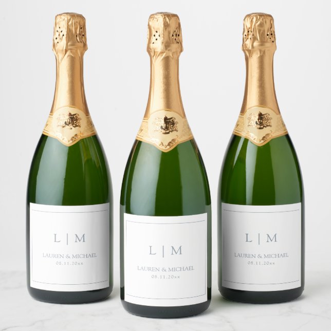 Modern Dusty Blue Minimalist Monogram Wedding Sparkling Wine Label (Bottles)