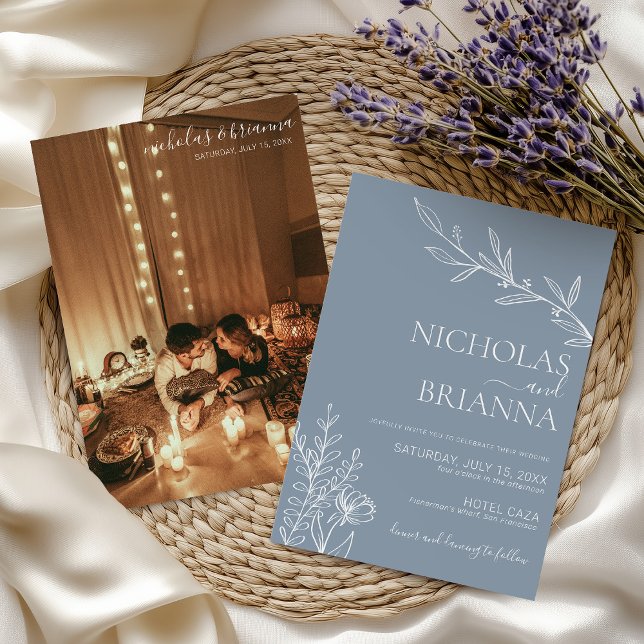 Modern Dusty Blue Minimalist Photo Wedding Invitation (Creator Uploaded)