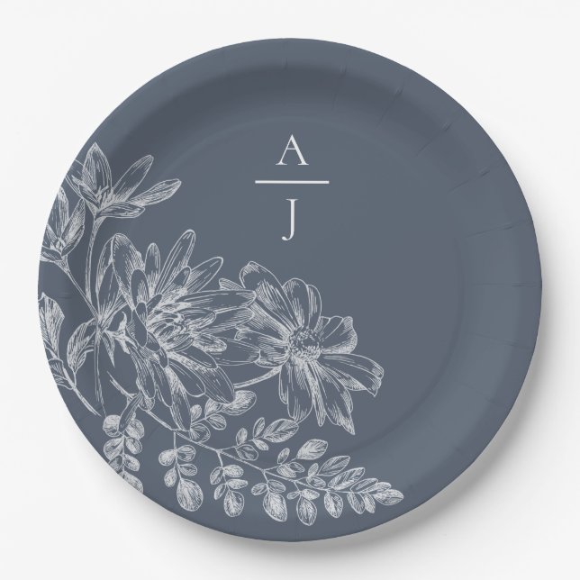 Modern Dusty Blue Monogram Floral Paper Plate (Front)