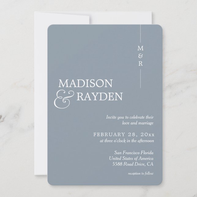 Modern Dusty Blue Monogram Photo Rounded Wedding Invitation (Front)
