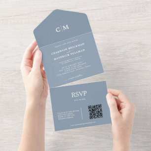 Modern Dusty Blue Monogram QR code RSVP Wedding All In One Invitation