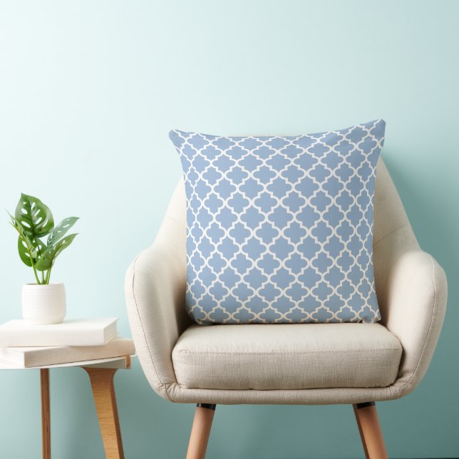 Modern Dusty Blue Moroccan Quatrefoil Pattern Throw Pillow (Chair)