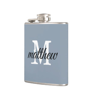 Modern Dusty Blue Name Monogram Personalized Hip Flask
