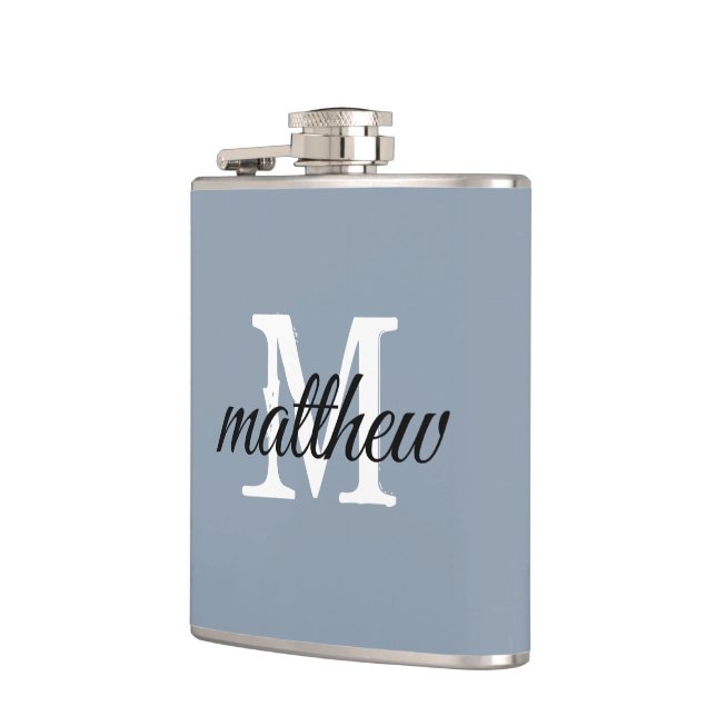 Modern Dusty Blue Name Monogram Personalized  Hip Flask (Left)