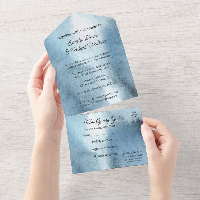 Modern dusty blue navy all in one invitation (Tearaway)