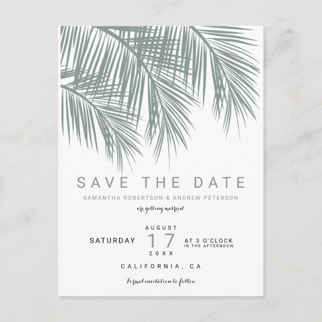Modern  dusty blue palm tree elegant save the date announcement postcard (Front)