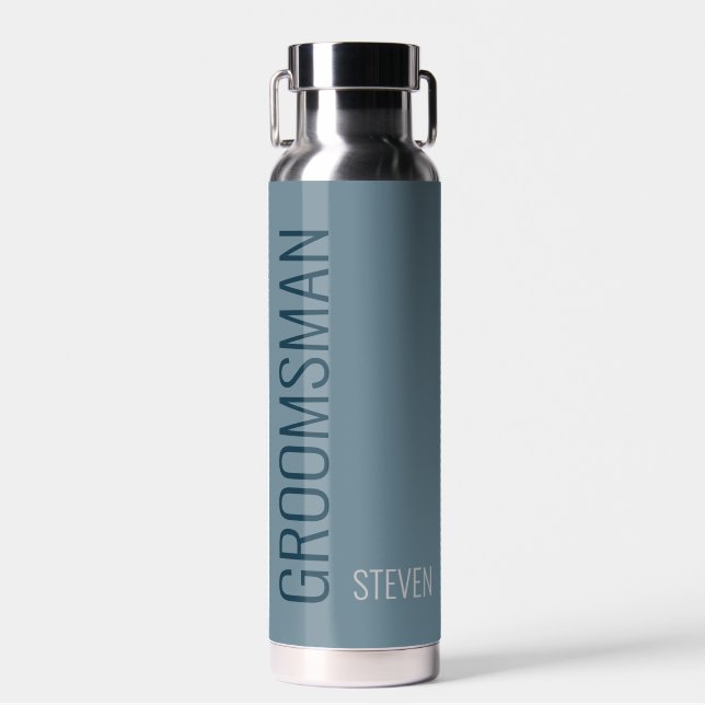 Modern Dusty Blue Personalized Groomsman Water Bottle (Front)