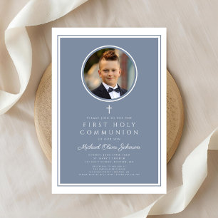 Modern Dusty Blue Photo Boy First Communion Invitation
