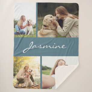 Modern Dusty Blue Photo Collage Dog Sherpa Blanket