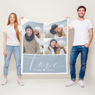 Modern Dusty Blue Photo Collage Love Personalized Fleece Blanket