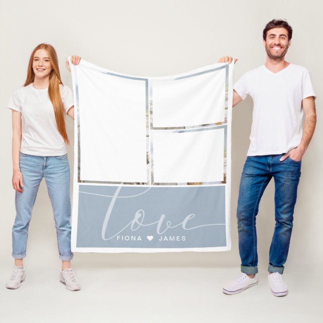 Modern Dusty Blue Photo Collage Love Personalized Fleece Blanket (In Situ)