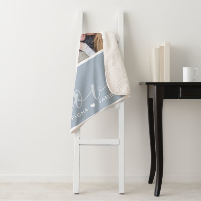 Modern Dusty Blue Photo Collage Love Personalized Sherpa Blanket (In Situ)