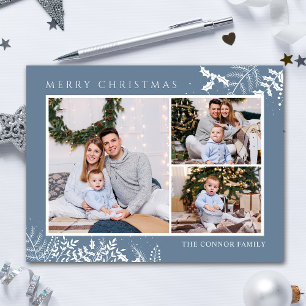 Modern Dusty Blue Photo Collage Merry Christmas Postcard