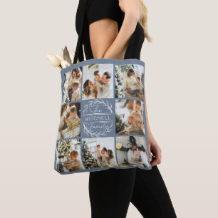 Modern Dusty Blue Photo Collage Personalized Tote Bag