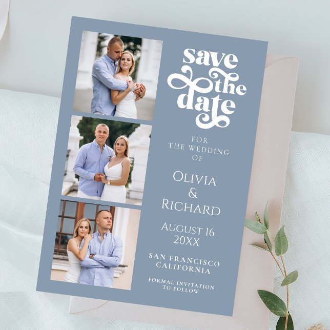 Modern Dusty Blue Photo Collage Wedding Save The Date (Creator Uploaded)