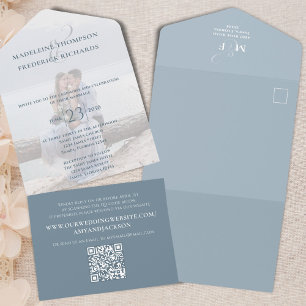 Modern Dusty Blue Photo Minimalist QR Code RSVP  All In One Invitation