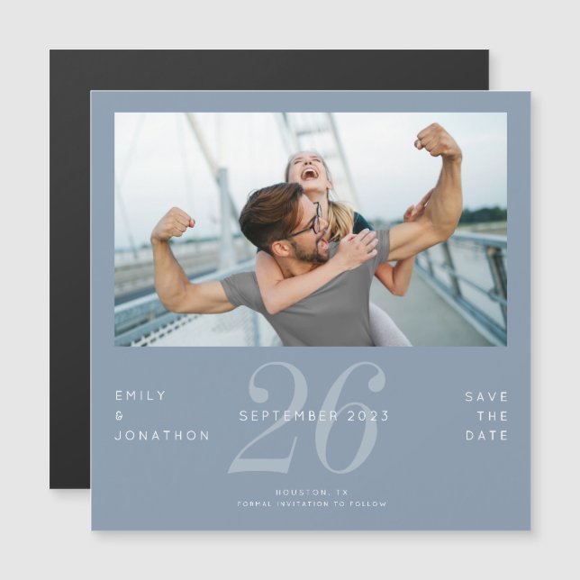 Modern Dusty Blue Photo Number Save The Date Magnetic Invitation (Front/Back)