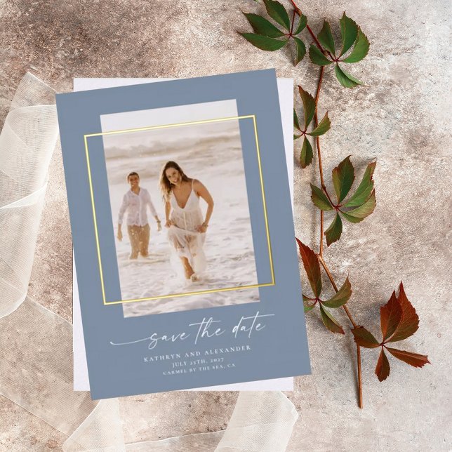 Modern Dusty Blue Photo Save The Date Gold (Creator Uploaded)