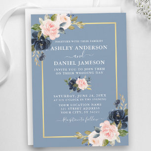 Modern Dusty Blue Pink Blush Floral Gold Wedding Invitation