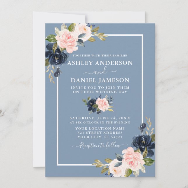 Modern Dusty Blue Pink Blush Floral Wedding Invitation (Front)