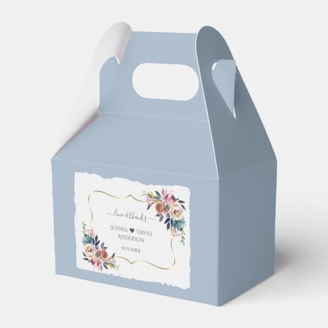 Modern Dusty Blue Pink Flowers Gold Wedding  Favor Box (Front Side)
