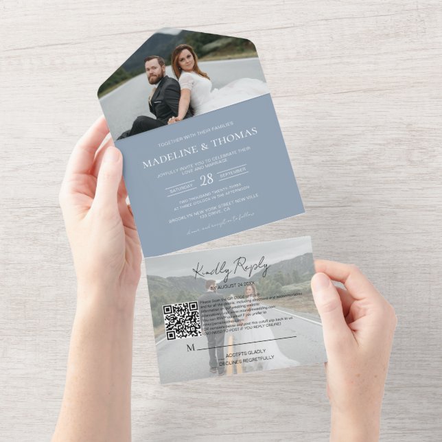 Modern Dusty Blue QR Code 2 Photo RSVP Wedding All In One Invitation (Tearaway)