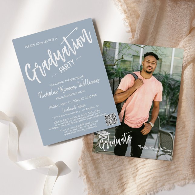 Modern Dusty Blue QR Code Photo Graduation Party Invitation (Creator Uploaded)